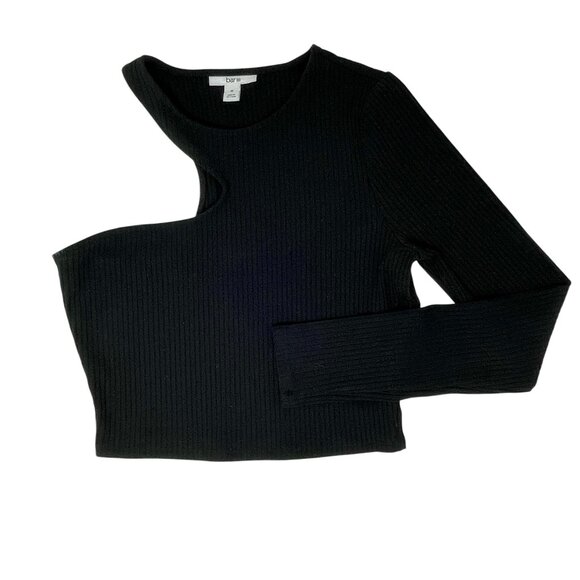 BAR III Women's Deep Black‎ One Shoulder Long Sleeve Ribbed Crop Top Medium - Picture 3 of 9